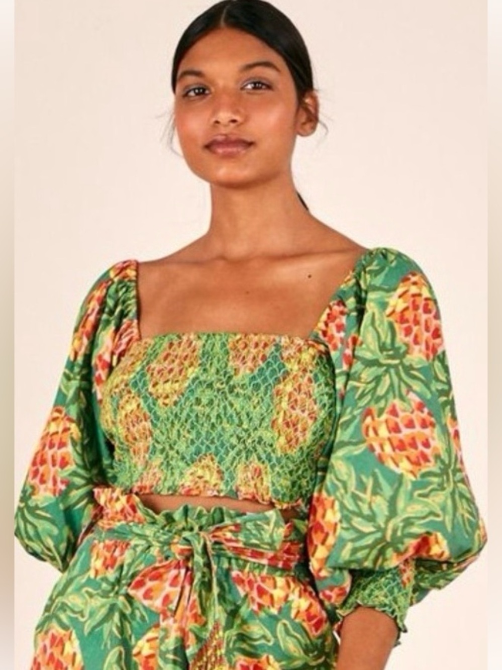 Farm Rio Pineapple Galore Smocked Crop Top Size X-Small Balloon Sleeve